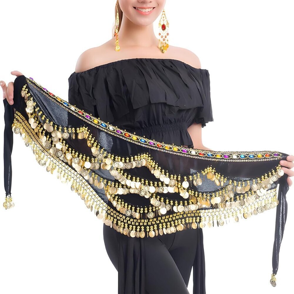 Belly Dance Hip Scarf Chiffon Gold Coins Fit All Performances
